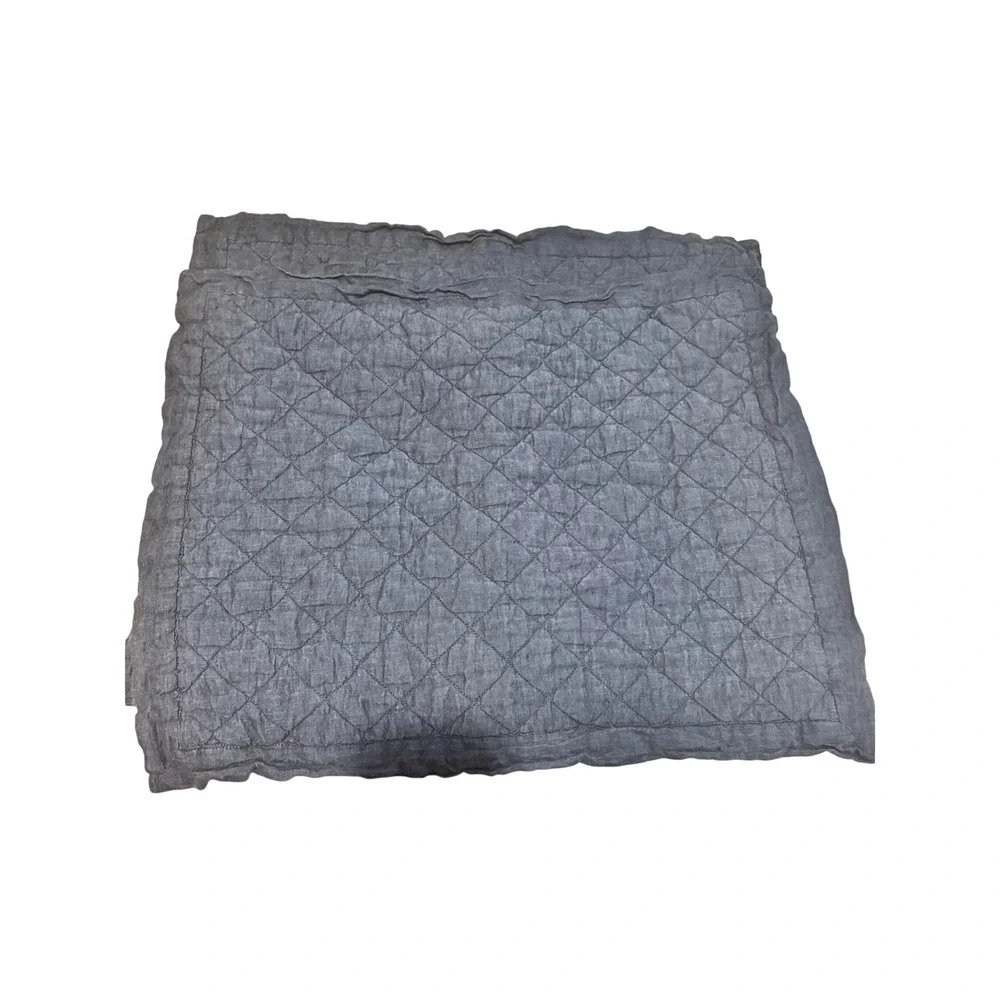 2 Pottery Barn Belgian Flax Linen Diamond Quilted Standard Pillow Sham Navy Blue
